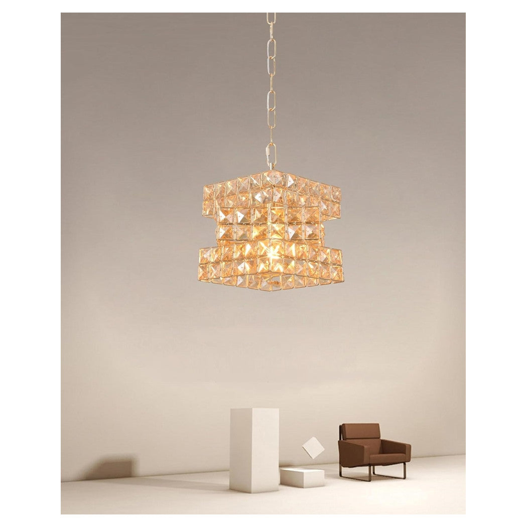 Trade Shop - Lampadario Sospeso Cubo Intrecciato Con Cristalli Lampada Luce E27 Oro 32385 -