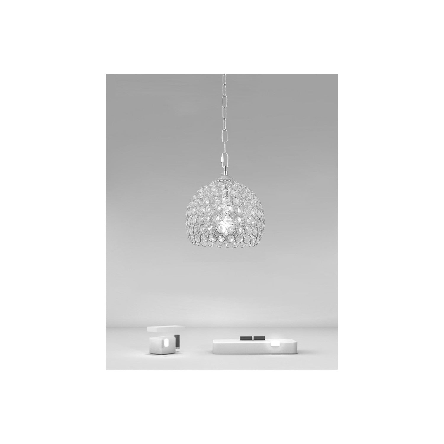 Trade Shop - Lampadario Sospeso Tondo Cupola Lampada Mezza Sfera Cristalli Luce E27 Argento 32378 -