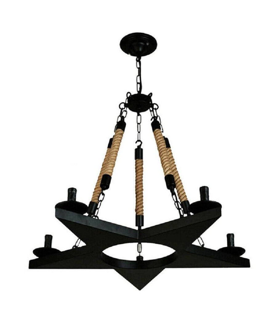 Lampadario Stile Industriale A Forma Di Stella Corda Di Canapa Metallo E14 A39-5         