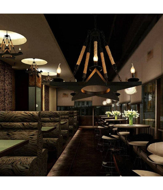 Lampadario Stile Industriale A Forma Di Stella Corda Di Canapa Metallo E14 A39-5         