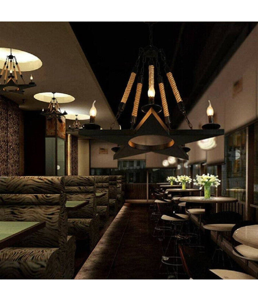 Lampadario Stile Industriale A Forma Di Stella Corda Di Canapa Metallo E14 A39-5         