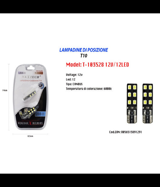 Lampadina Di Posizione T10 Maxtech T-103528 12v 12led Canbus 6000k Ultra Luminose         