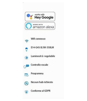 Lampadina Intelligente Smart G45 E14 5.5w 350lm Wifi Led Rgb Cct Dimmerabile App         