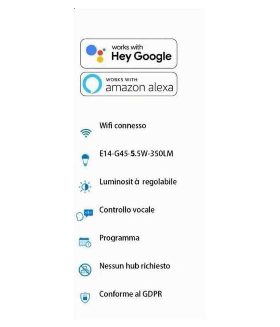 Lampadina Intelligente Smart G45 E14 5.5w 350lm Wifi Led Rgb Cct Dimmerabile App         