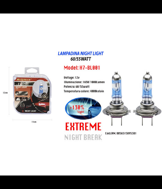 Lampadina Per Auto Luce Notturna H7 12v 60/55 Watt Luce Fredda Maxtech H7-bl001         