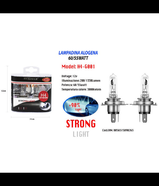 Lampadine Alogene Per Auto H4 60/55 W 12v Luce Calda Di Ricambio Maxtech H4-g001         