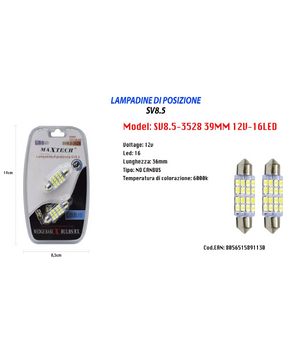 Lampadine Di Posizione 12v 16led 39mm Lampadine Ultra Luminose Maxtech Sv8.5-3528         