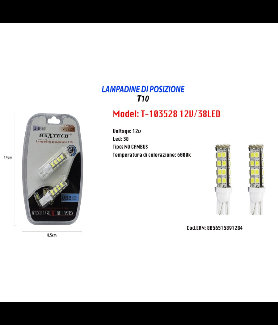Lampadine Di Posizione 12v 38led T10 Maxtech T-103528 Lampadine Ultra Luminose         