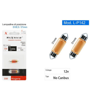 Lampadine Di Posizione Auto Sv8.5 31mm 12v 5w L-p142 No Canbus Luce Calda Alogena         
