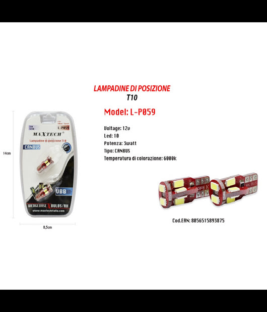 Lampadine Di Posizione Canbus Maxtech L-p059 12v 10led 3w Ultra Luminose 6000k         