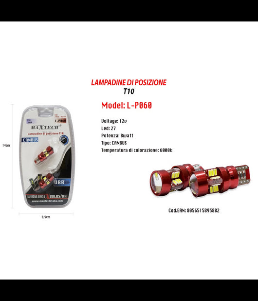 Lampadine Di Posizione Canbus Maxtech L-p060 12v 27 Led 8 W 6000k Ultra Luminose         