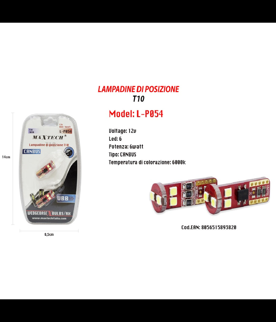 Lampadine Di Posizione Canbus Maxtech L-p054 12v 6led 6w 6000k Ultra Luminose         