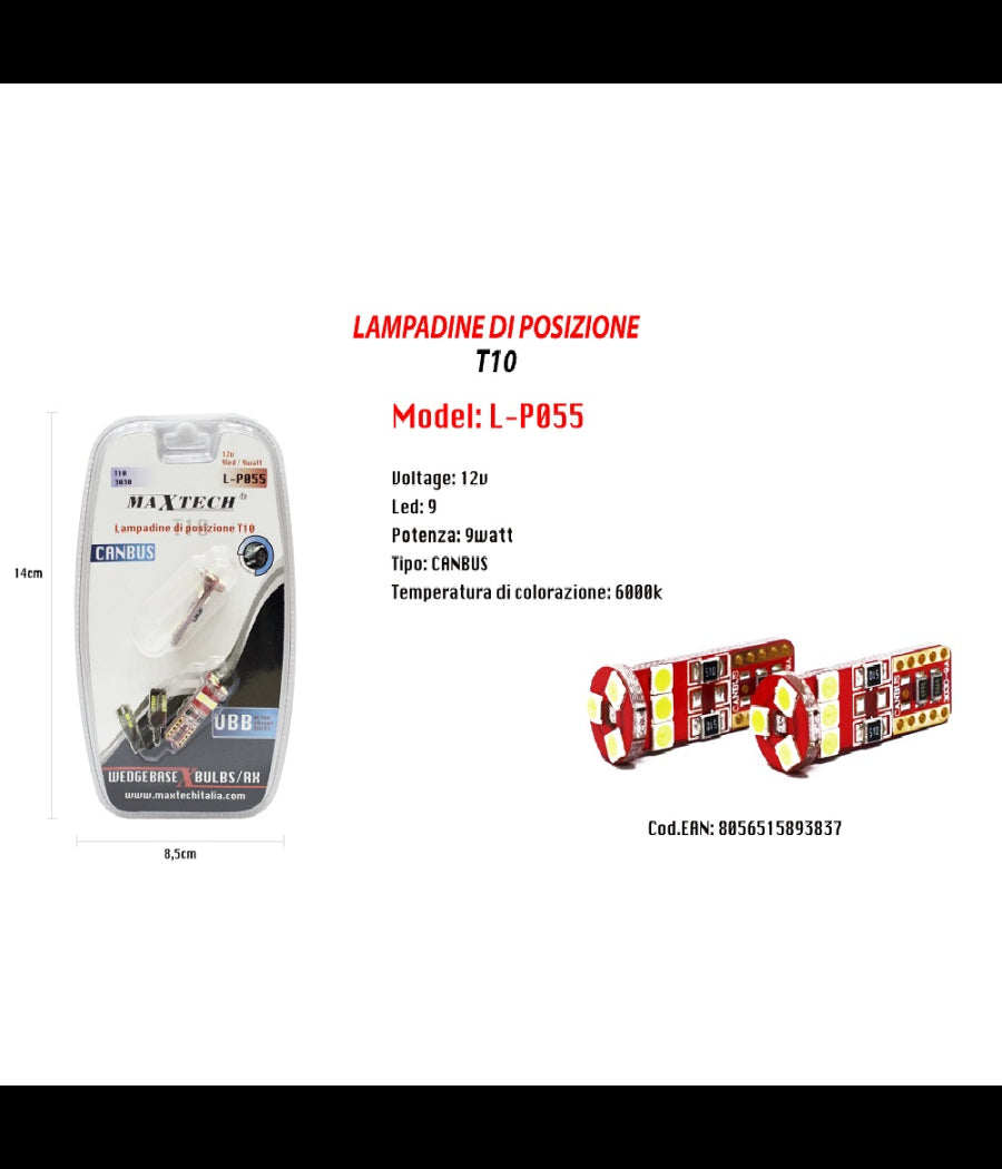 Lampadine Di Posizione Canbus Maxtech L-p055 12v 9led 9w 6000k Ultra Luminose         