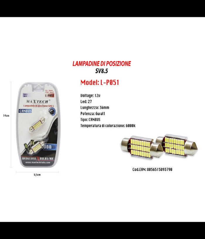 Lampadine Di Posizione Sv8.5 12v 27 Led 36 Mm 6 Watt Canbus 6000k Maxtech L-p051         