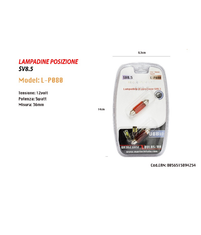 Lampadine Di Posizione Sv8.5 12v / 36mm 5w Lampadine Ultra Luminose Maxtech L-p080r         