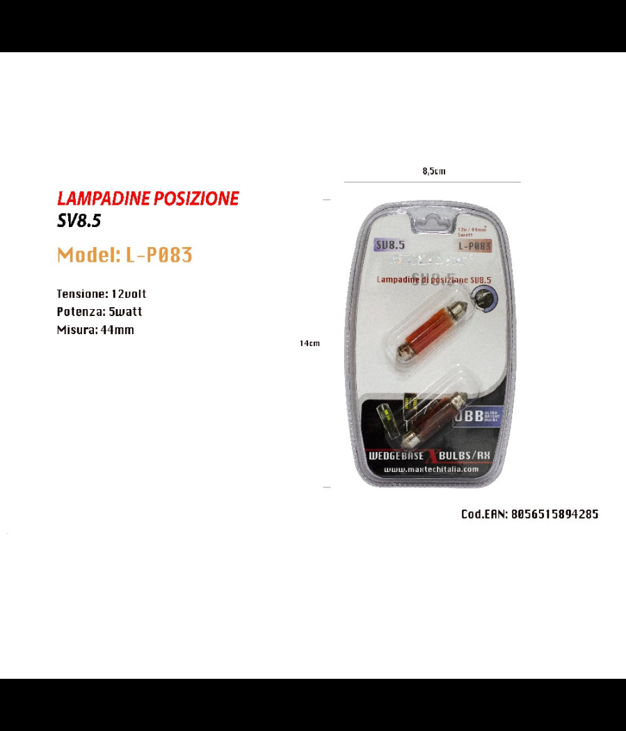 Lampadine Di Posizione Sv8.5 12v 5w 44mm Lampadine Ultra Luminose Maxtech L-p083r         