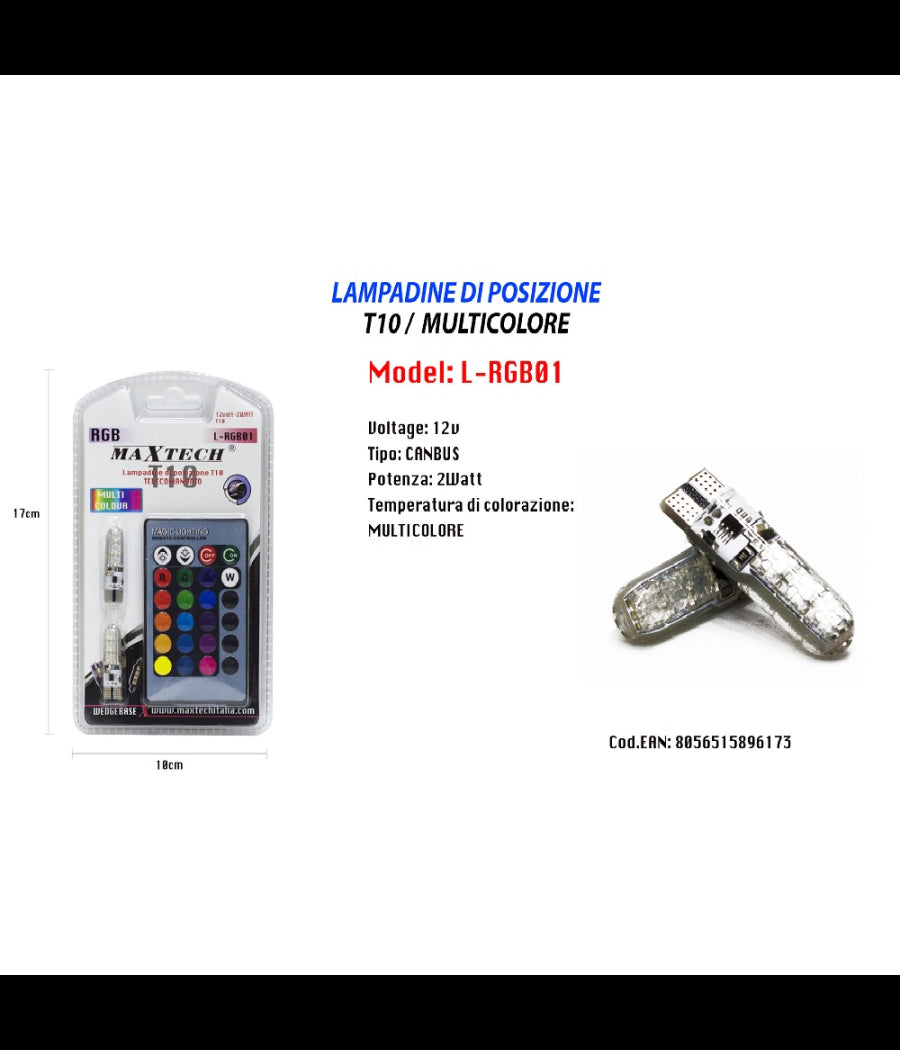 Lampadine Di Posizione T10 Con Telecomando Rgb Luci Per Auto 12v Maxtech L-rgb01         