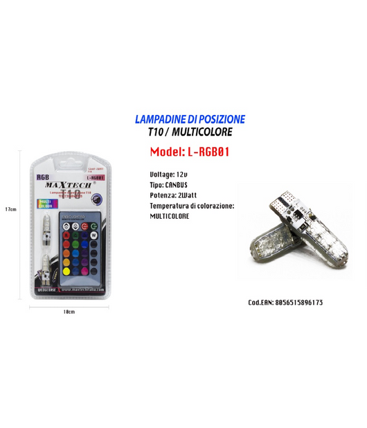 Lampadine Di Posizione T10 Con Telecomando Rgb Luci Per Auto 12v Maxtech L-rgb01         