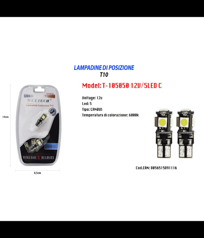 Lampadine Di Posizione T10 Maxtech T-105050 12v / 5led C Ultra Luminose Canbus         