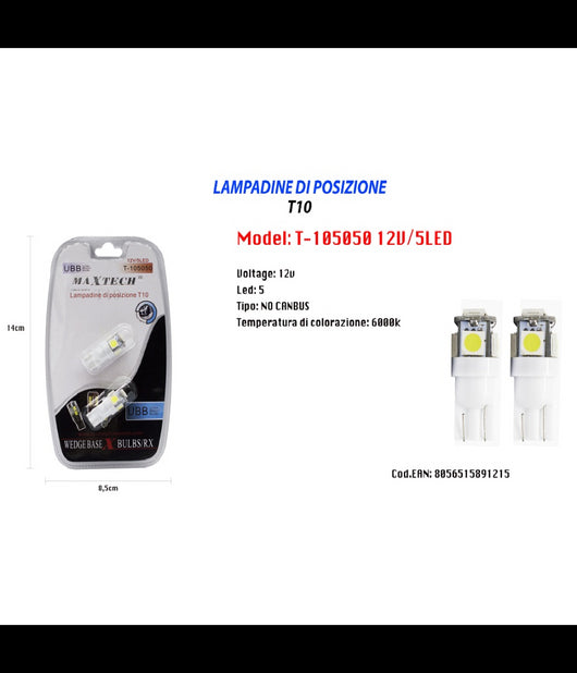 Lampadine Di Posizione T10 Maxtech T-105050 12v 5led Lampadine Ultra Luminose 6000k         
