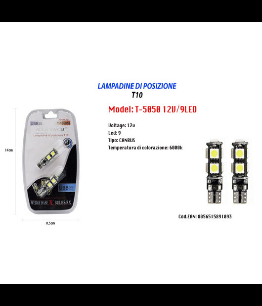 Lampadine Di Posizione T10 Maxtech T-105050 12v 9led Canbus Ultra Luminose 6000k         