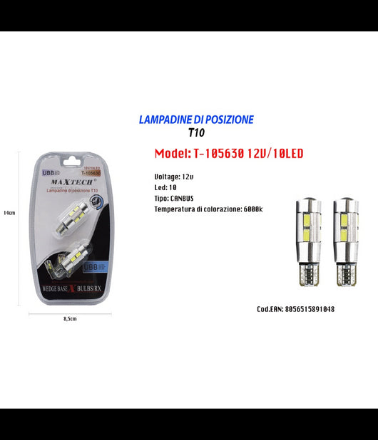 Lampadine Di Posizione T10 Maxtech T-105630 12v 10led Ultra Luminose Canbus 6000k         