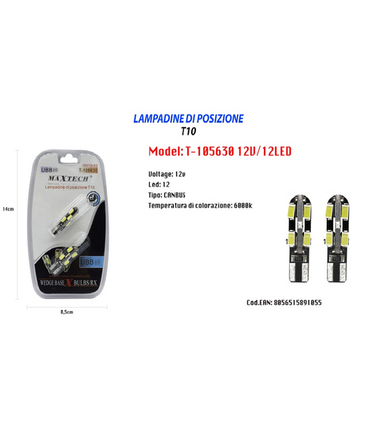 Lampadine Di Posizione T10 Maxtech T-105630 12v 12led Canbus 6000k Ultra Luminose         