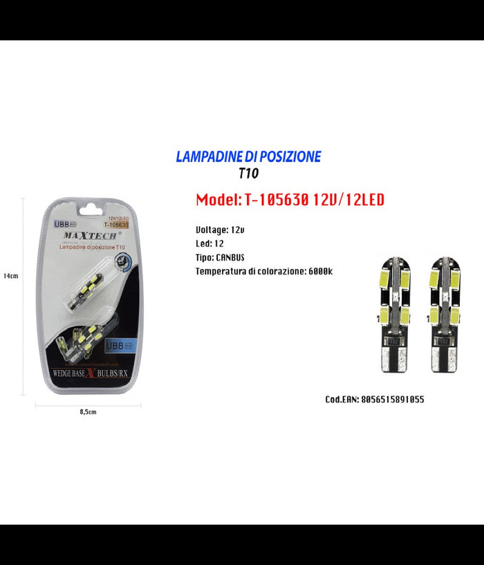 Lampadine Di Posizione T10 Maxtech T-105630 12v 12led Canbus 6000k Ultra Luminose         