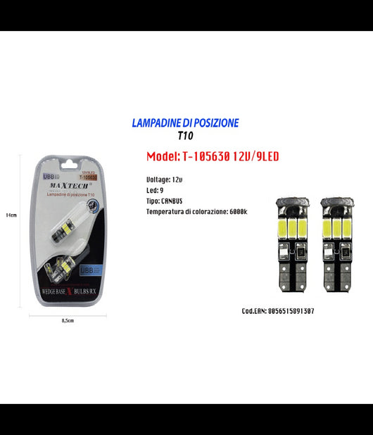 Lampadine Di Posizione T10 Maxtech T-105630 12v 9led Canbus Ultra Luminose 6000k         