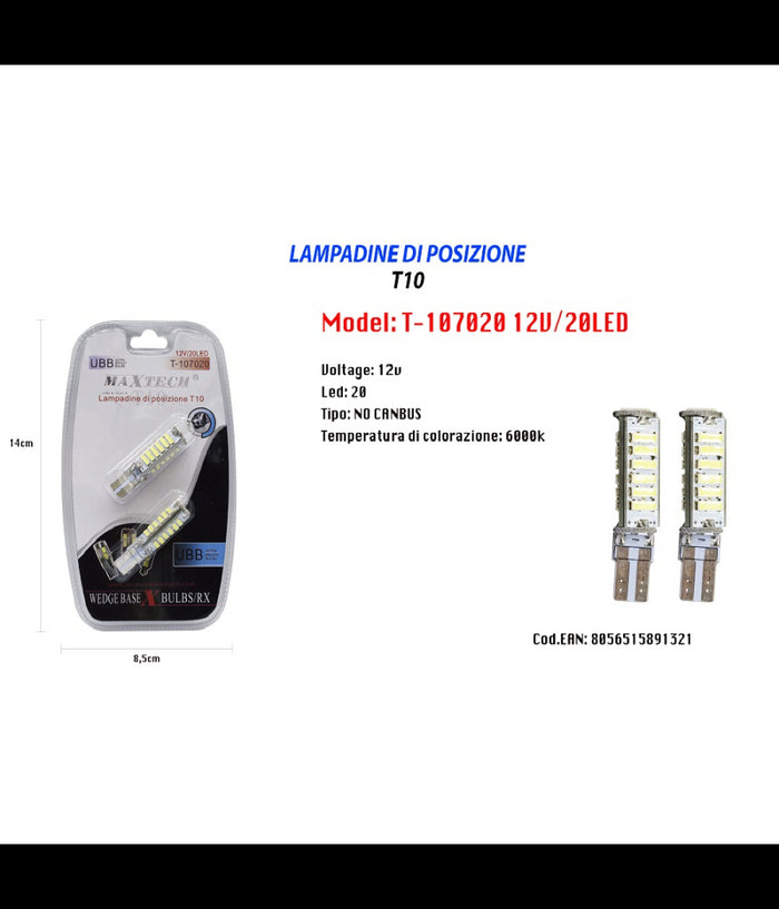 Lampadine Di Posizione T10 Maxtech T-107020 12v 20led 6000k Lampadine Ultra Luminose         