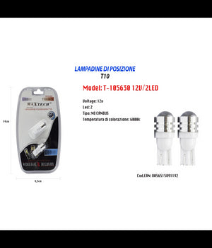 Lampadine Di Posizione T10 Maxtech T-105630 12v 2led Lampadine Ultra Luminose 6000k         