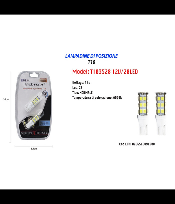 Lampadine Di Posizione T10 Maxtech T103528 12v 28led 6000k Lampadine Ultra Luminose         