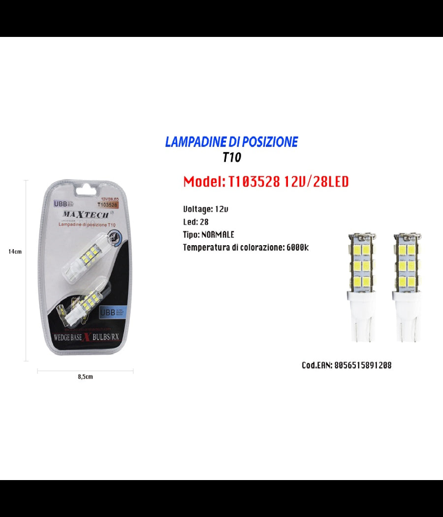 Lampadine Di Posizione T10 Maxtech T103528 12v 28led 6000k Lampadine Ultra Luminose         