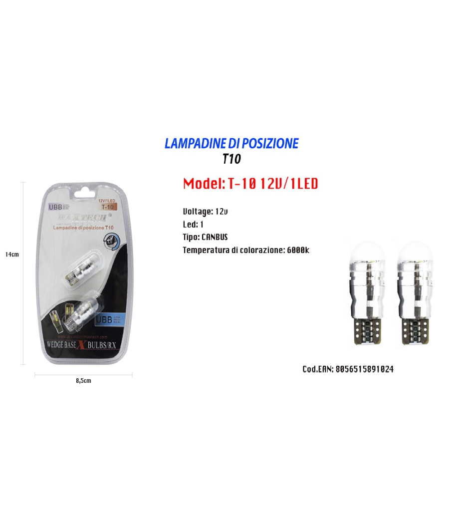 Lampadine Di Posizione T10 Ultra Luminose Maxtech T-10 12v / 1led Canbus 6000k         