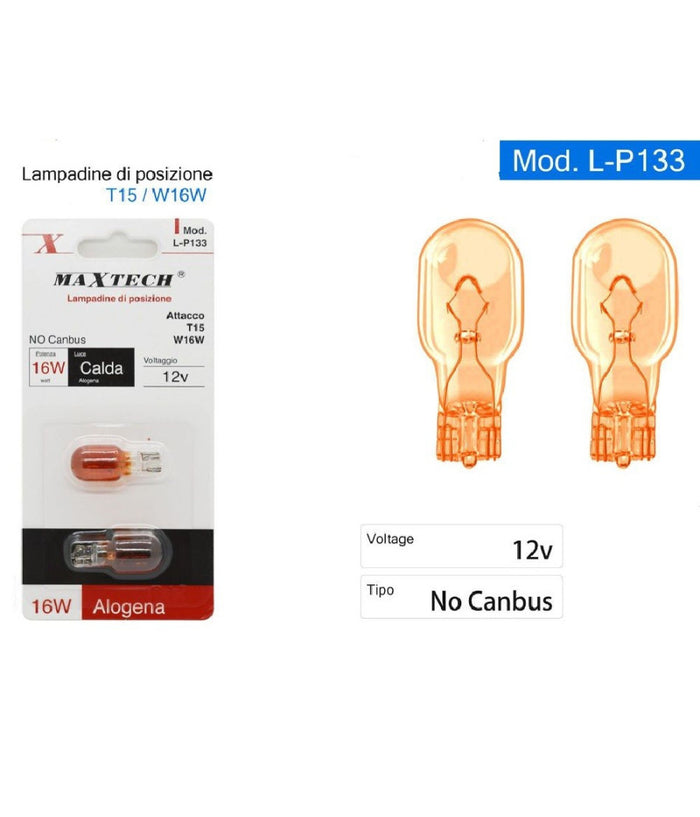 Lampadine Di Posizione T15 W16w 12v Auto 16w Luce Calda Alogena L-p133 No Canbus         