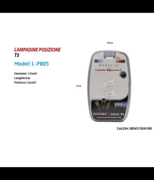 Lampadine Di Posizione T5 Maxtech L-p085 Lampadine Ultra Luminose Auto 12v 2watt         