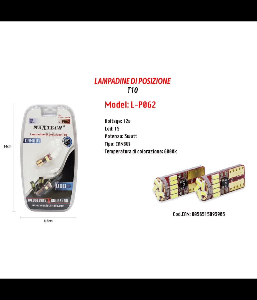 Lampadine Posizione Canbus Maxtech L-p062 12v 15led 3 Watt Ultra Luminose 6000k         