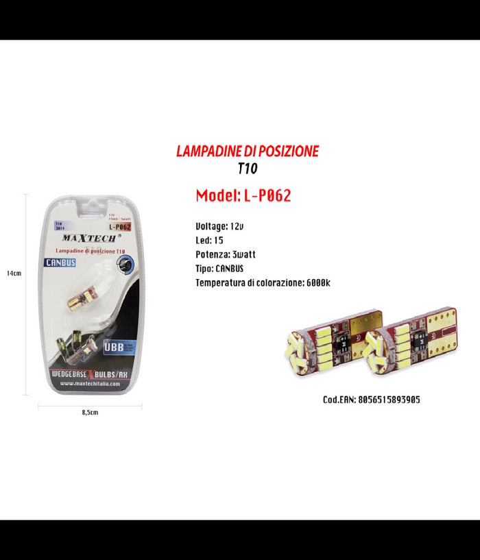 Lampadine Posizione Canbus Maxtech L-p062 12v 15led 3 Watt Ultra Luminose 6000k         