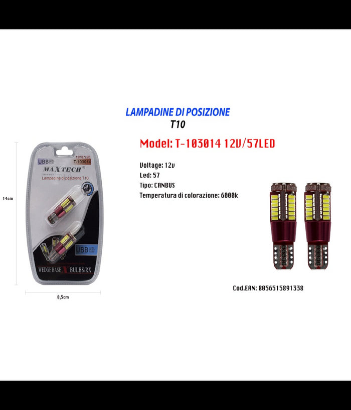 Lampadine Posizione Canbus T10 12v 57led 6000k Ultra Luminose Maxtech T-103014         