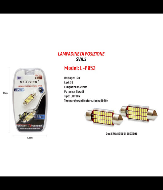 Lampadine Posizione Sv8.5 12v 30led 39mm 8w Maxtech L-p052 Ultra Luminose Canbus         