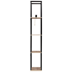 IDMarket - Lámpara de pie industrial de madera negra con estantes de madera clara y pantalla cuadrada blanca