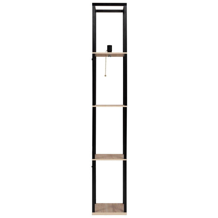 IDMarket - Lámpara de pie industrial de madera negra con estantes de madera clara y pantalla cuadrada blanca