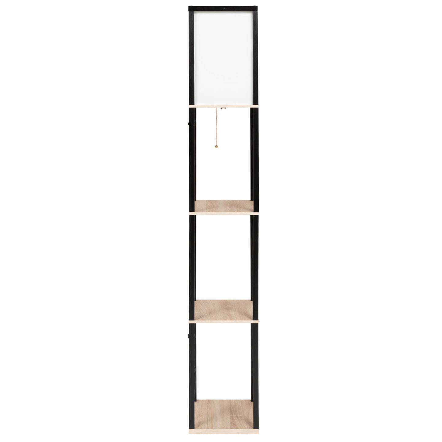 IDMarket - Lámpara de pie industrial de madera negra con estantes de madera clara y pantalla cuadrada blanca