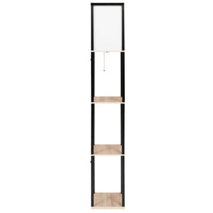 IDMarket - Lámpara de pie industrial de madera negra con estantes de madera clara y pantalla cuadrada blanca