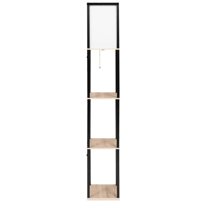 IDMarket - Lámpara de pie industrial de madera negra con estantes de madera clara y pantalla cuadrada blanca