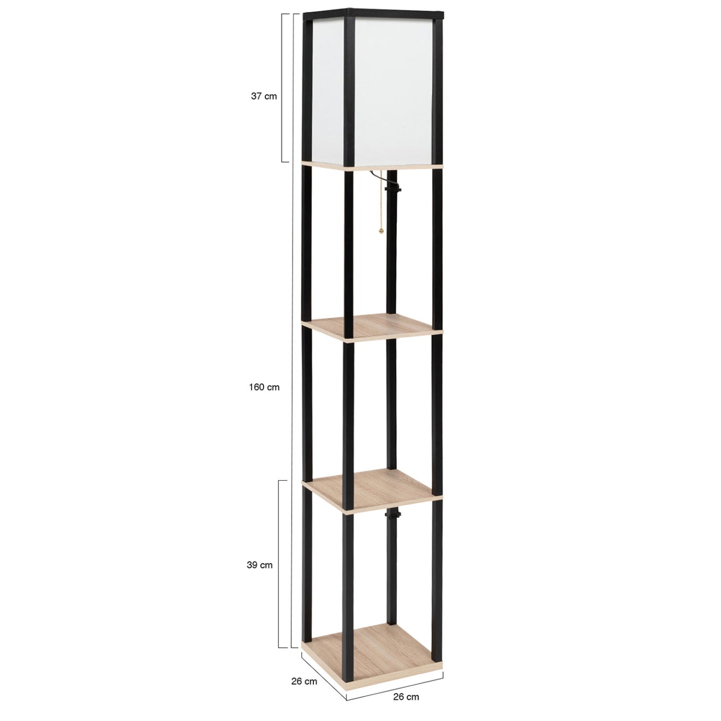 IDMarket - Lámpara de pie industrial de madera negra con estantes de madera clara y pantalla cuadrada blanca