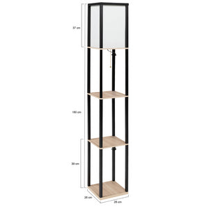 IDMarket - Lámpara de pie industrial de madera negra con estantes de madera clara y pantalla cuadrada blanca