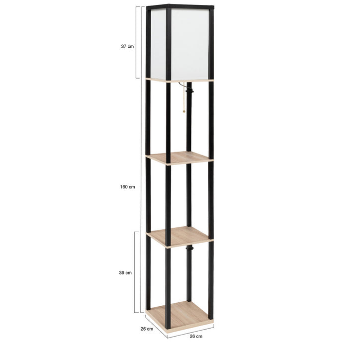 IDMarket - Lámpara de pie industrial de madera negra con estantes de madera clara y pantalla cuadrada blanca