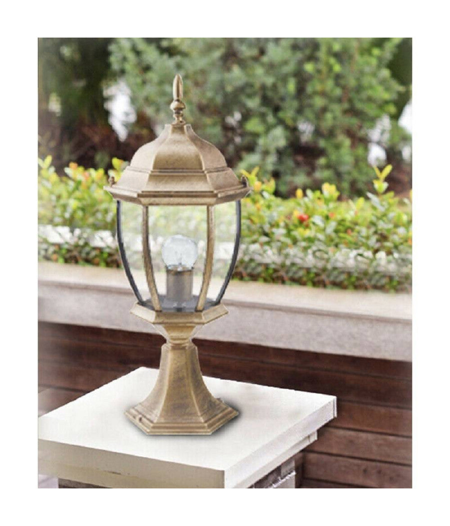 Lampione Giardino 48cm Lanterna In Vetro E27 Luce Esterno Alluminio Es45 Bronzo         