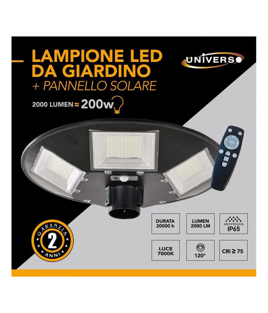 Trade Shop - Lampione Led Con Pannello Energia Solare 200 W Ip65 Sensore Movimento So-gd-200w -